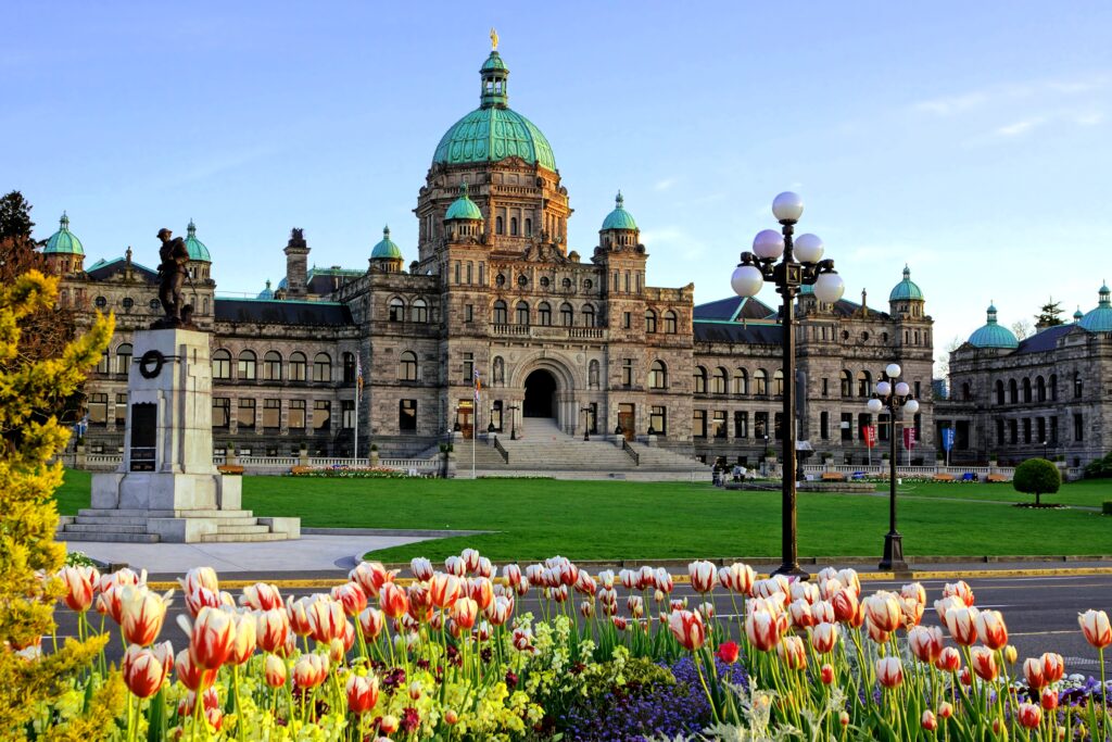 Historic British Columbia provincial parliament building with sp